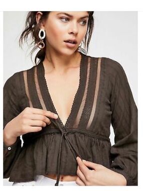 Free People Dark Brown V-Neck Peasant Blouse